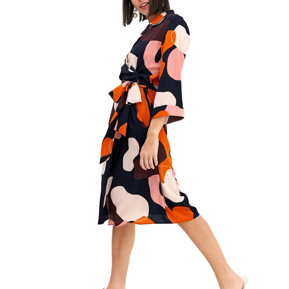 Monki Tie Waist Wrap Dress XS Colorful Midi Unique Camo Print Notch Lapel